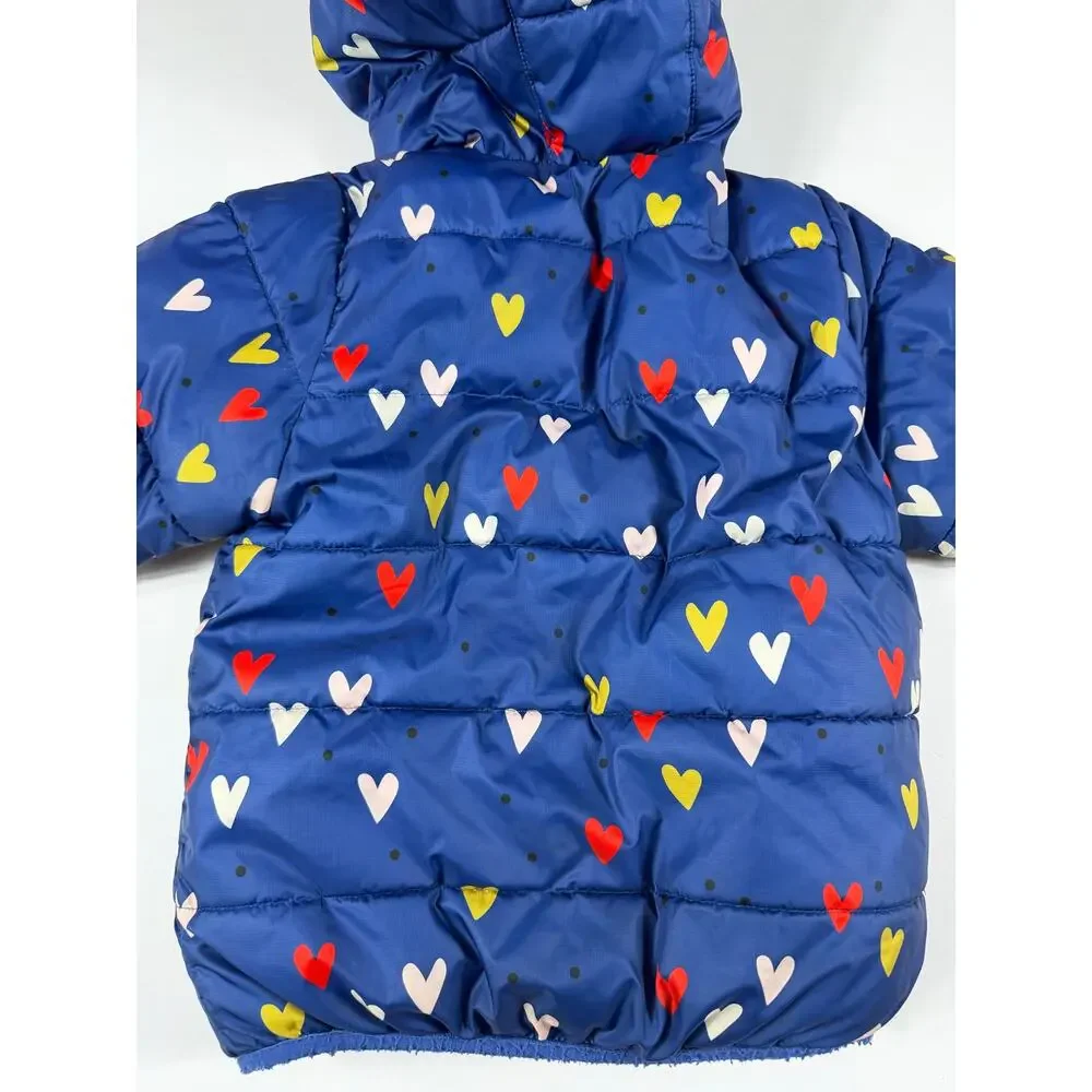 Hanna Andersson Reversible Down Puffer Jacket Heart Print Blue Size 5